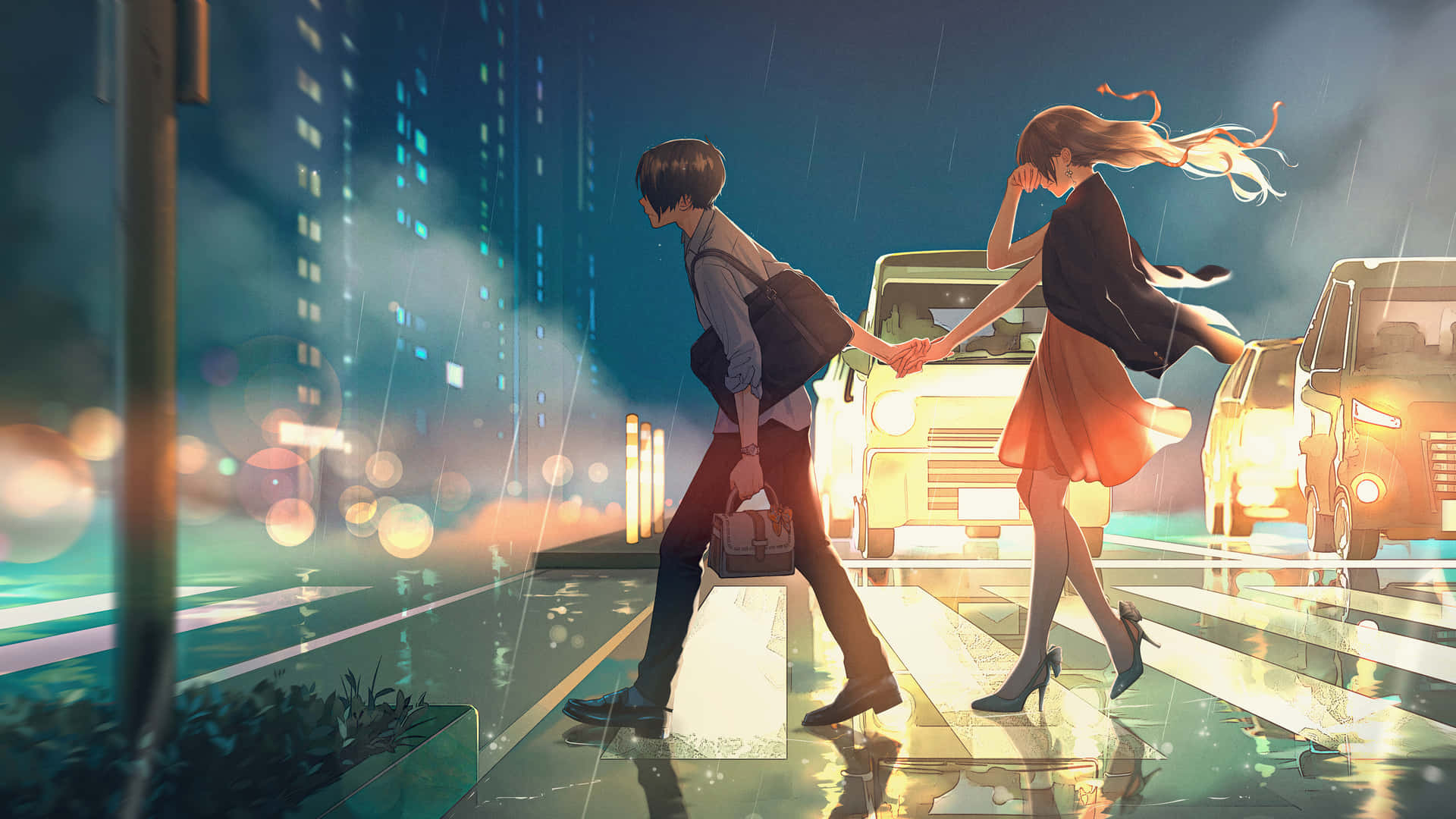 Anime Couple Passing On Pedestrian Crossing Wallpaper