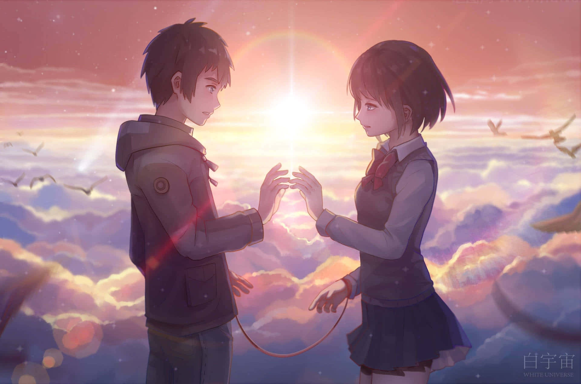 Kærlighedenspringer Ud I Hjertet Af To Anime-par.