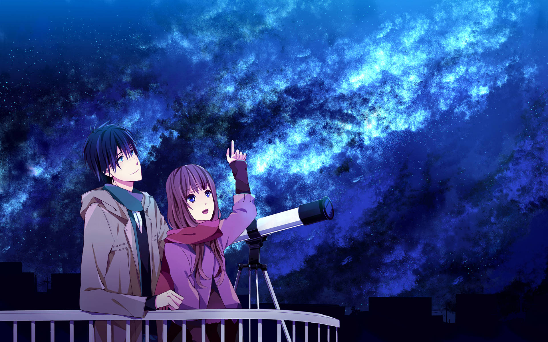 Anime Couple Stargazing With A Telescope Wallpaper
