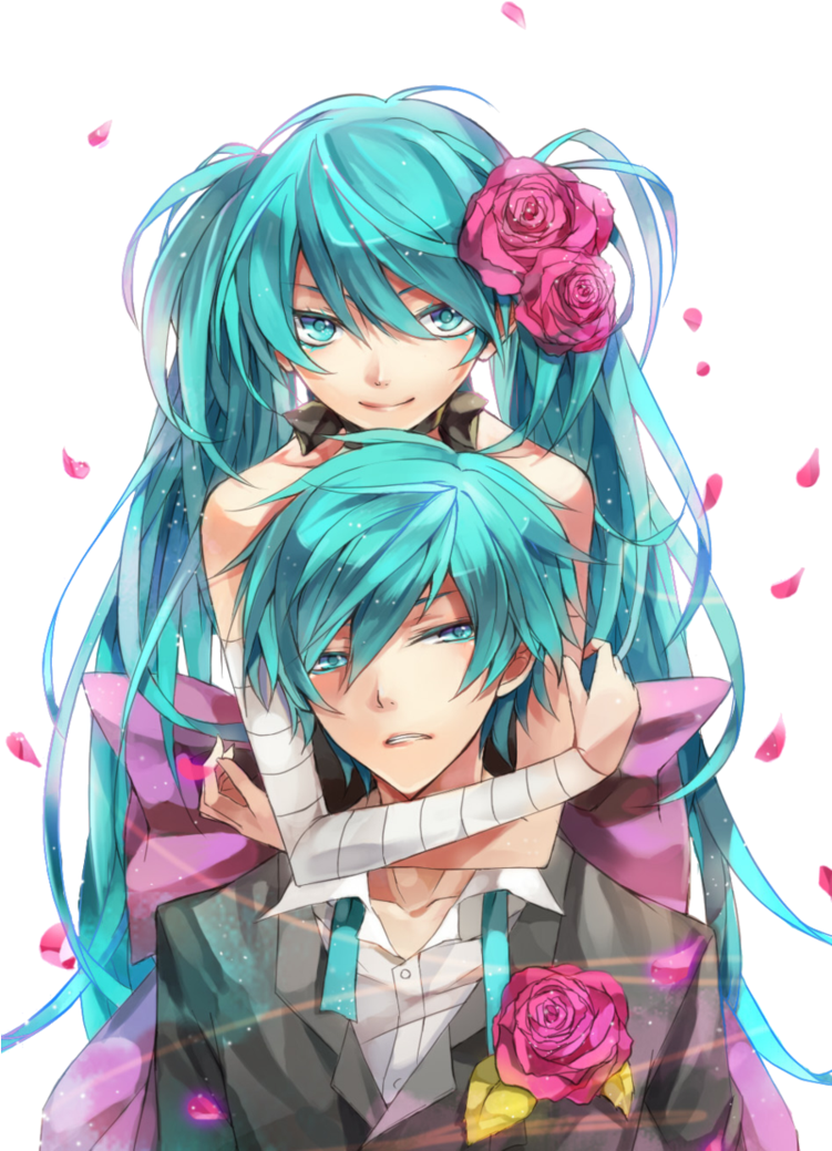 Anime Couplewith Blue Hairand Roses PNG