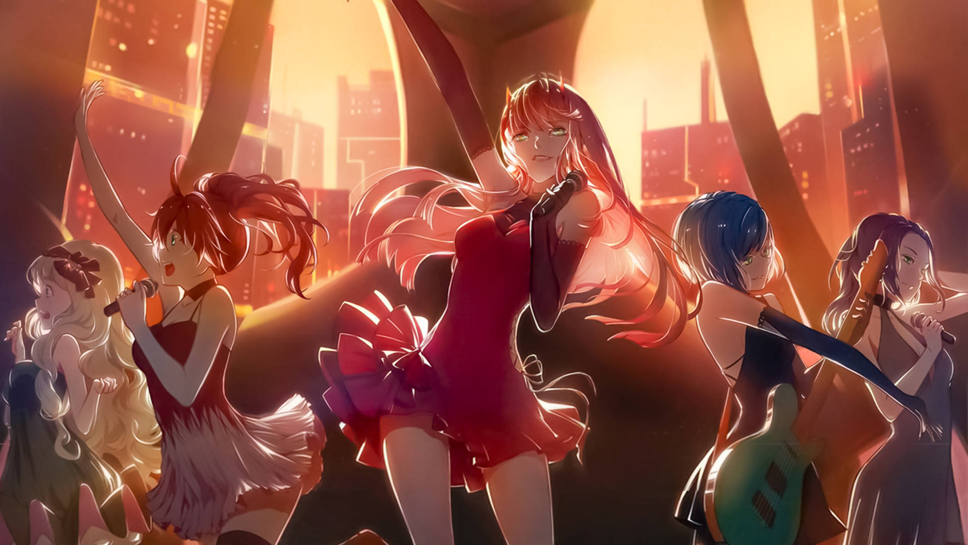 Energetic Anime Girl Band Dancing on Dreamy Stage Wallpaper