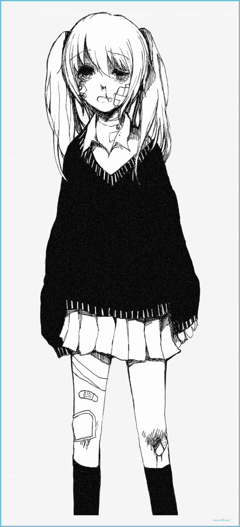 Et sort/hvid tegning af en pige med en sweater Wallpaper