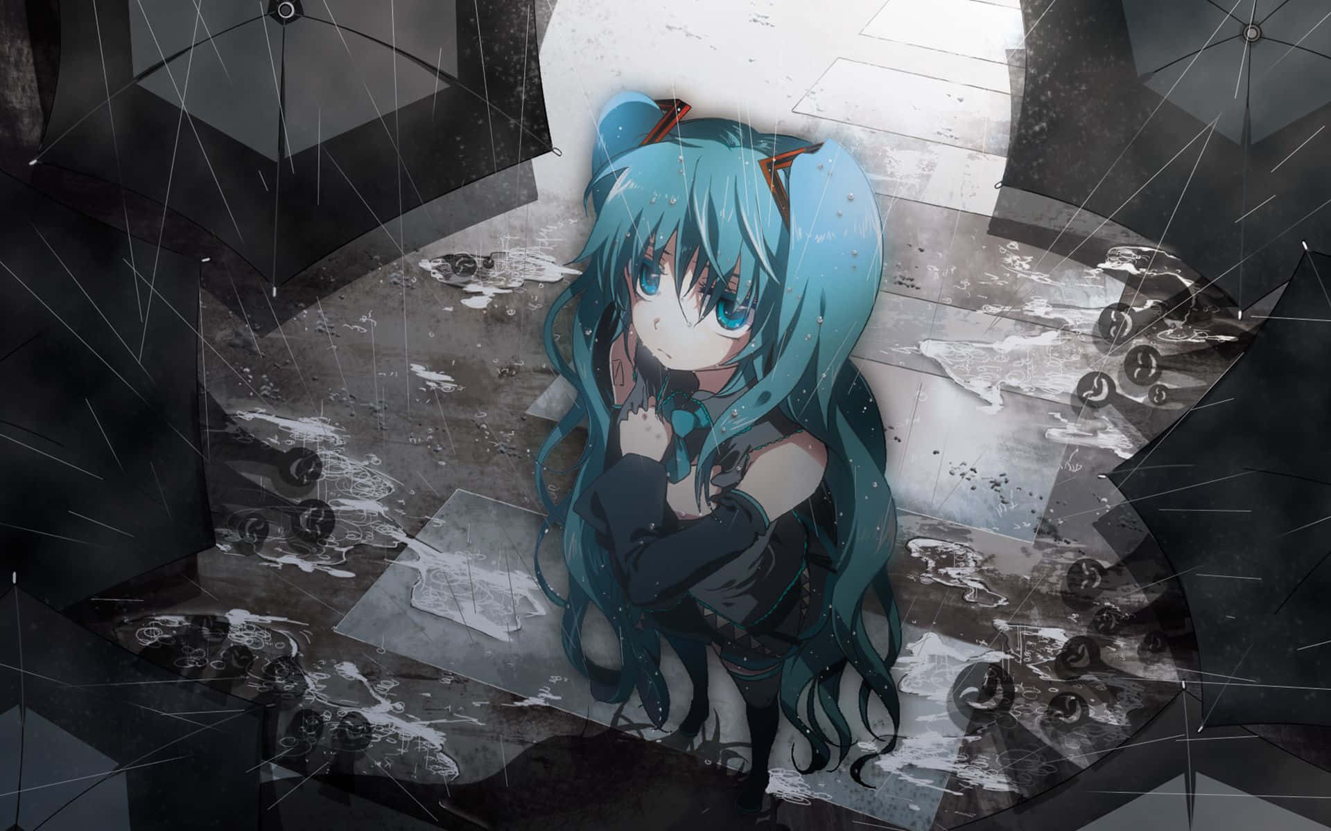 Hatsune Miku Ledsamt Regn Anime Depression Wallpaper