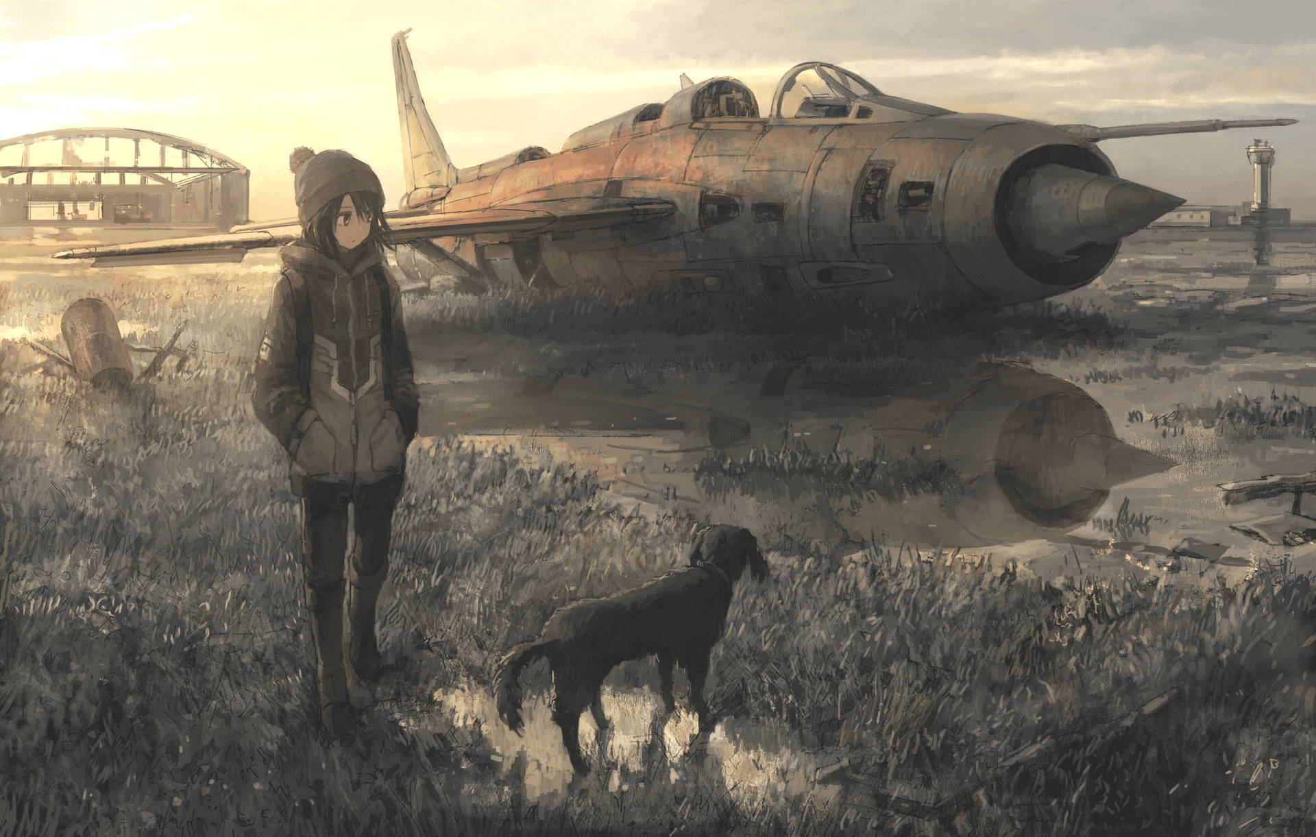 Anime Dog Airplane Ruins Background