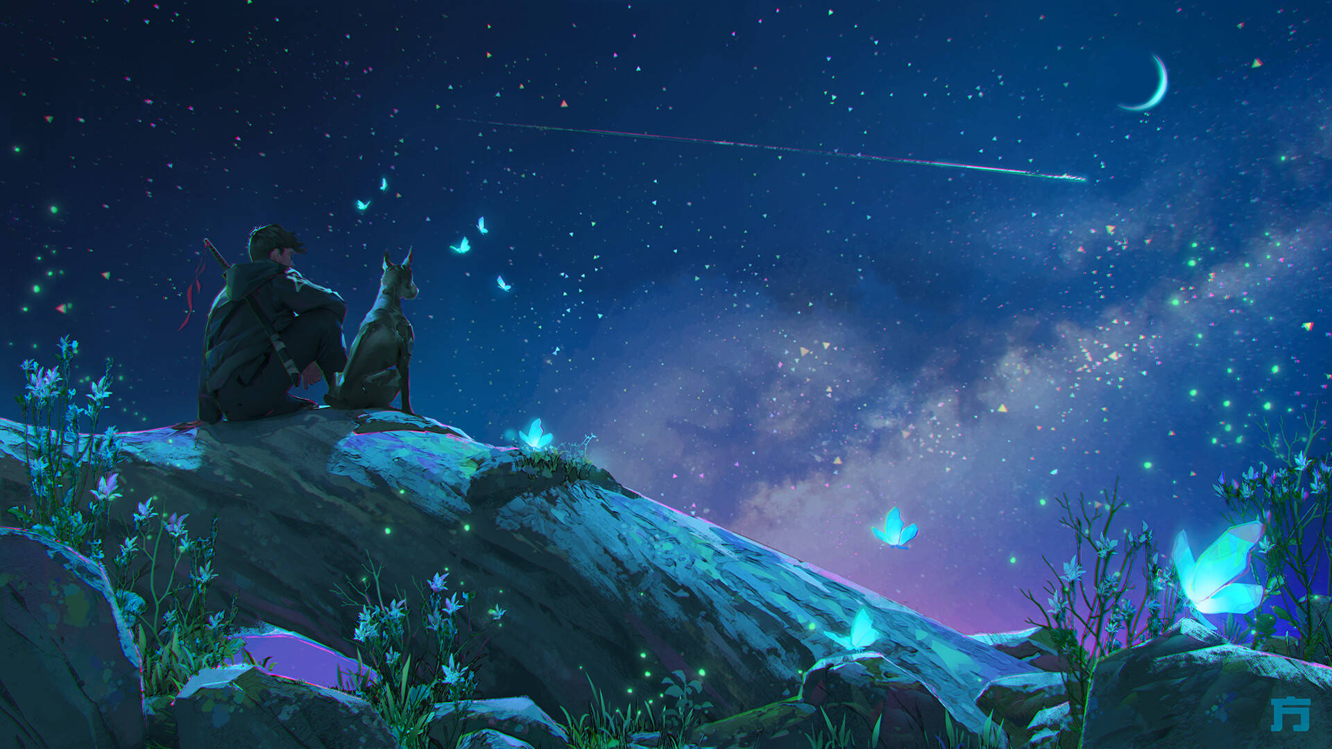 Anime Dog And Boy Stargazing Background