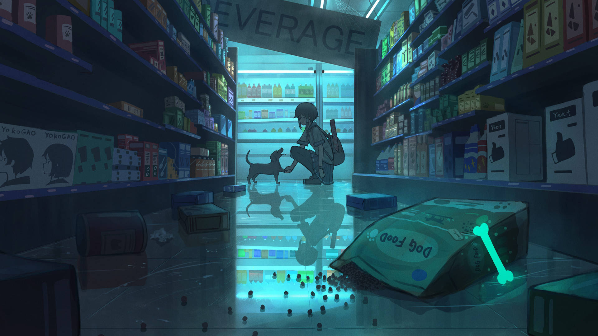 Anime Dog And Girl In Store Background