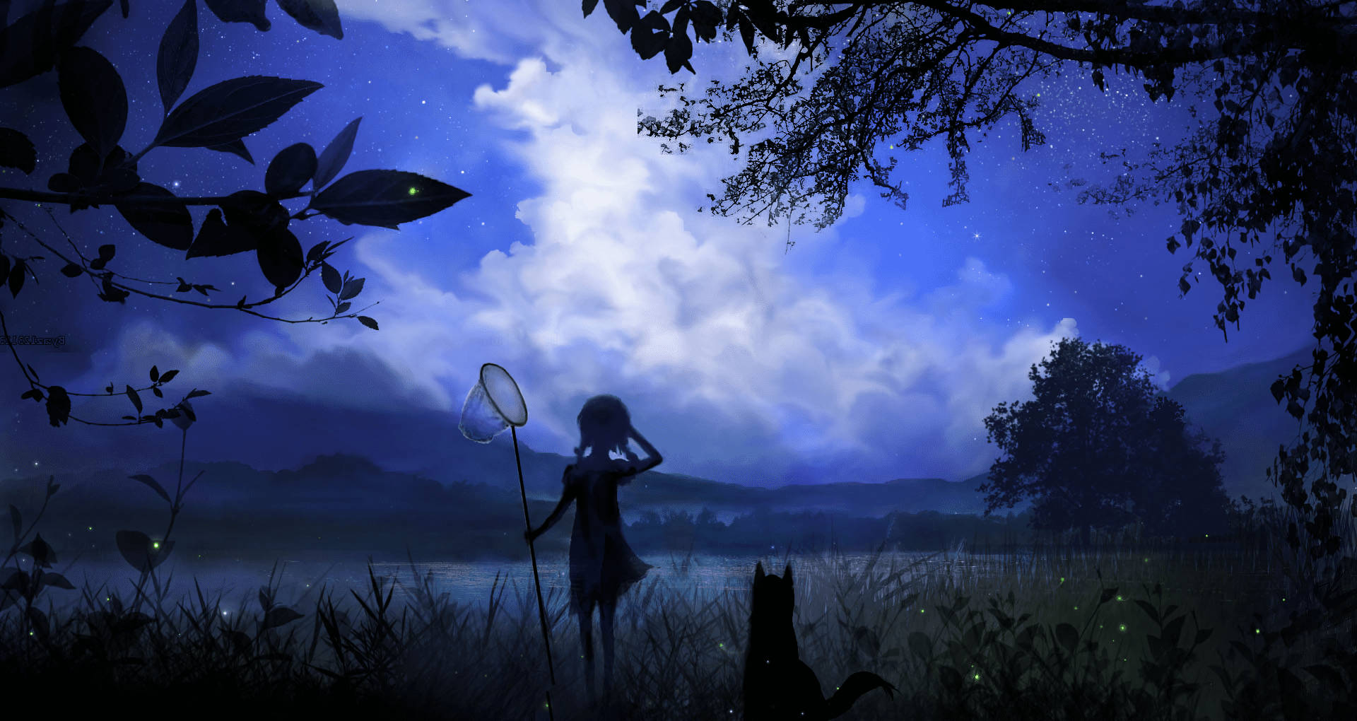 Anime Dog And Little Girl Silhouette Background