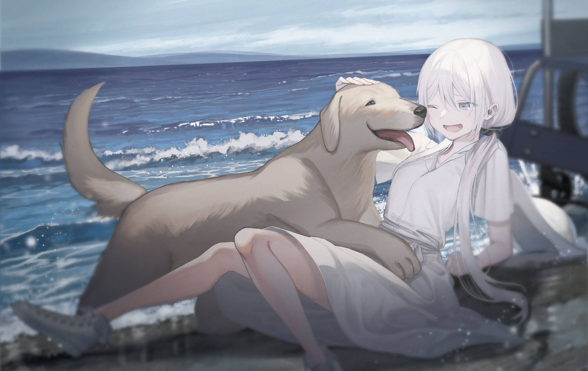 Anime Dog By The Beach Wallpaper