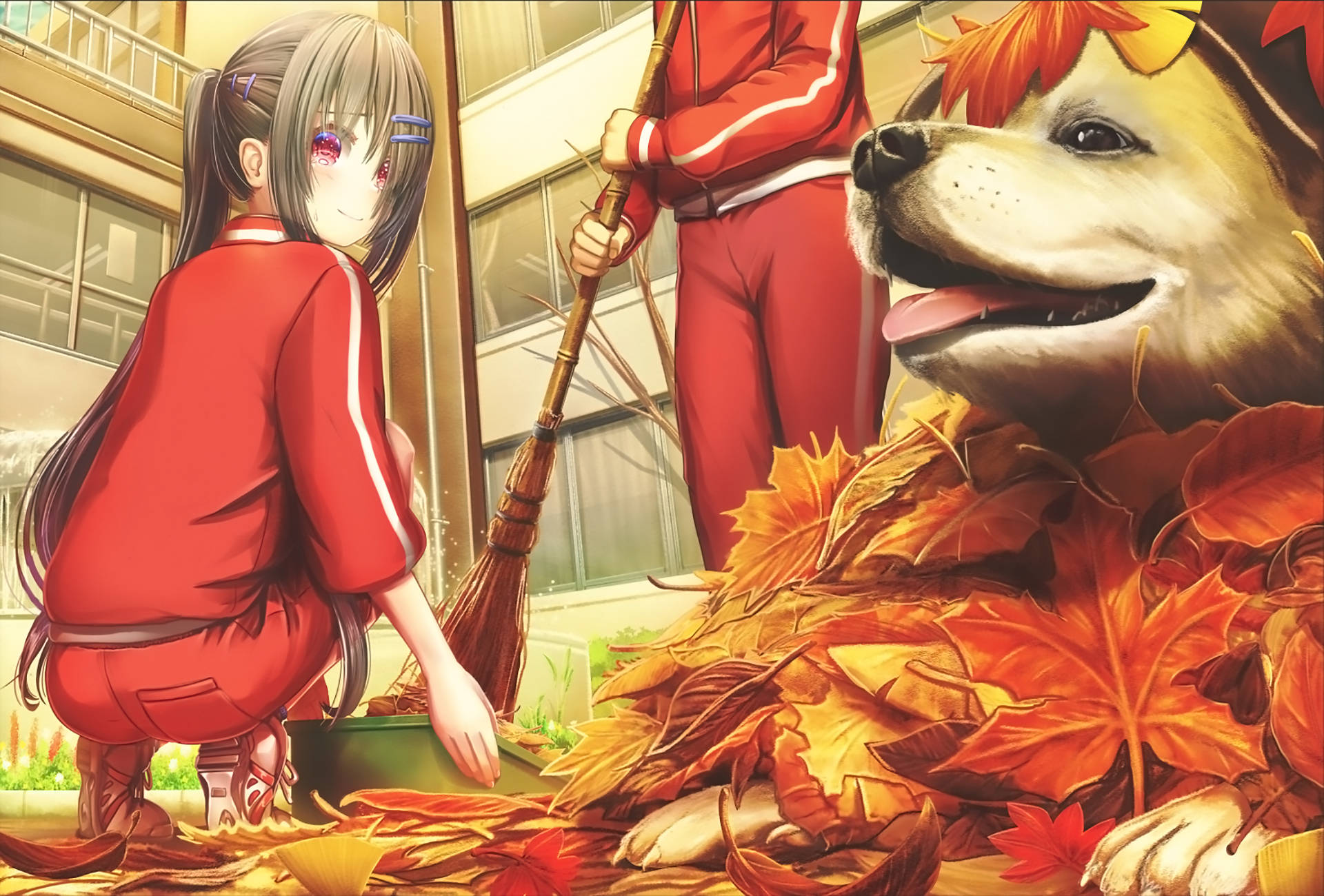 Anime Dog Under Pile Of Leaves Wallpaper