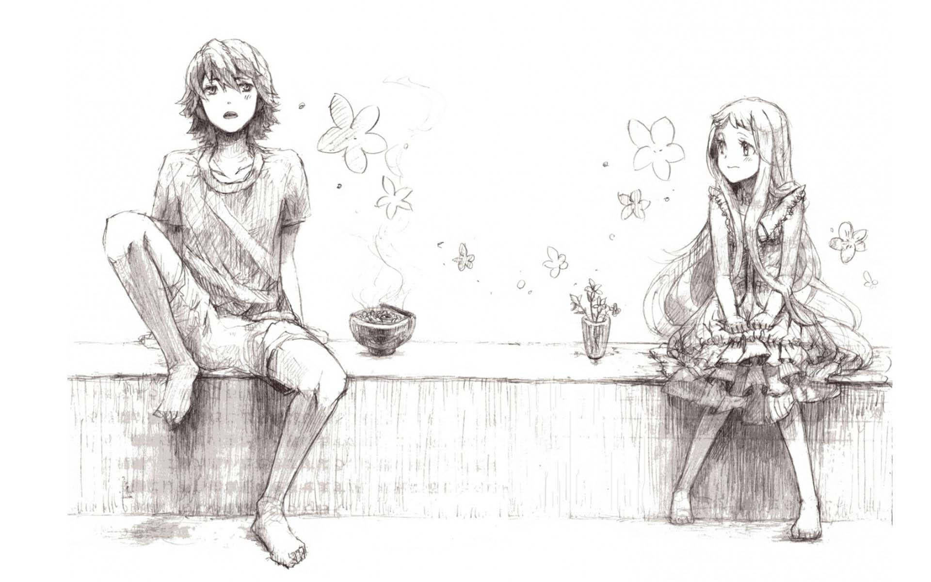 Anime Drawing Anohana Jinta And Meiko Background