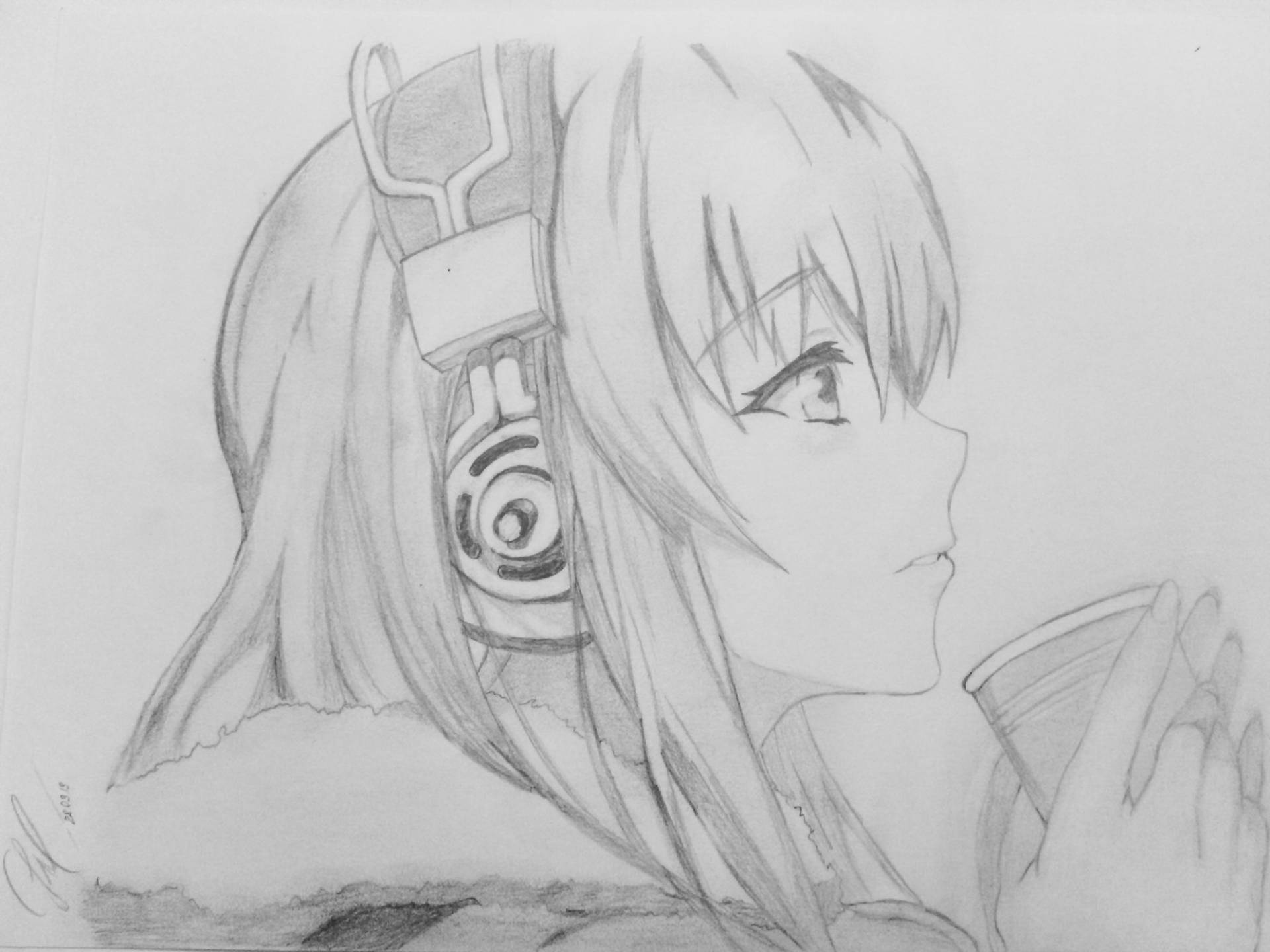 Anime Drawing Girl With Headphone Background