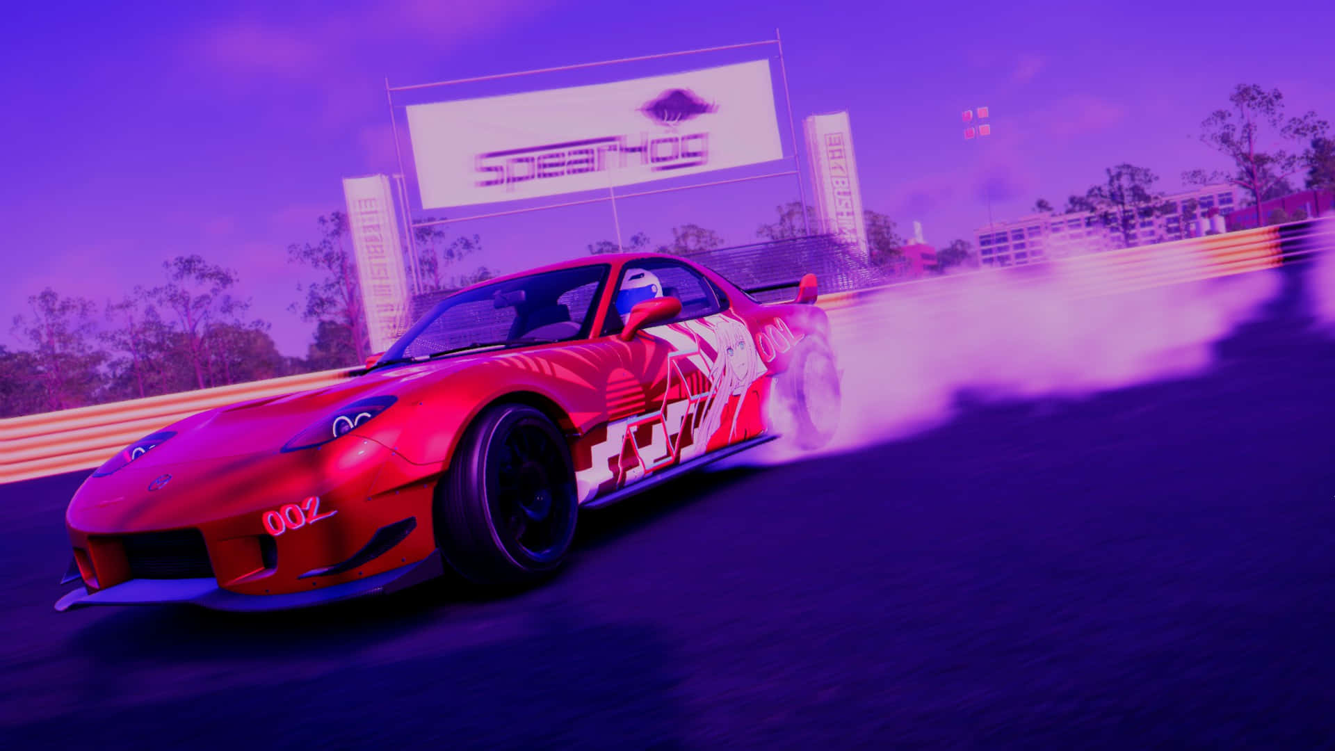A Red Sports Car Driving Down A Track With Smoke Coming Out Of It Wallpaper