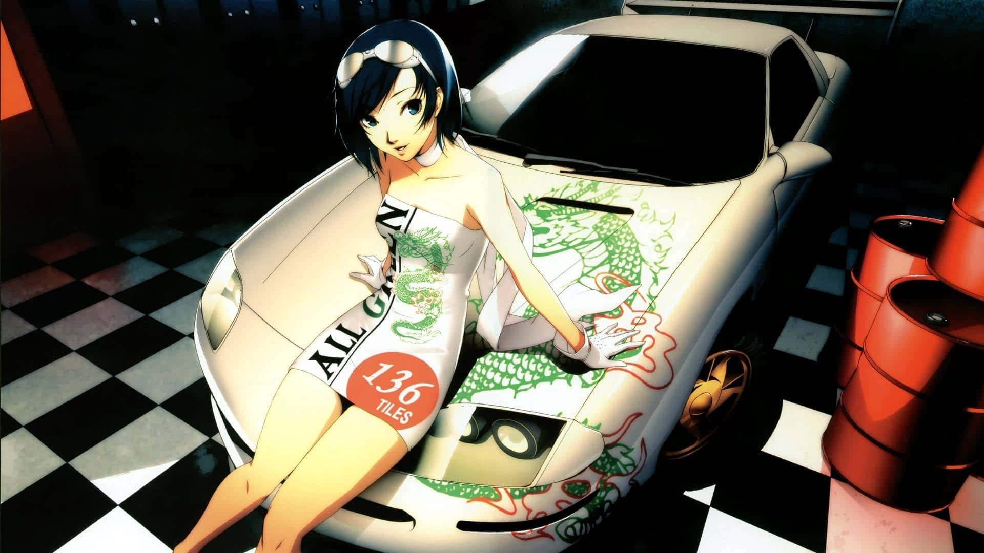 En pige sidder på en hvid bil med et karikeret baggrund Wallpaper