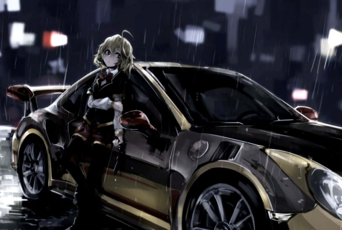 En pige står ved siden af en bil i regnen. Wallpaper