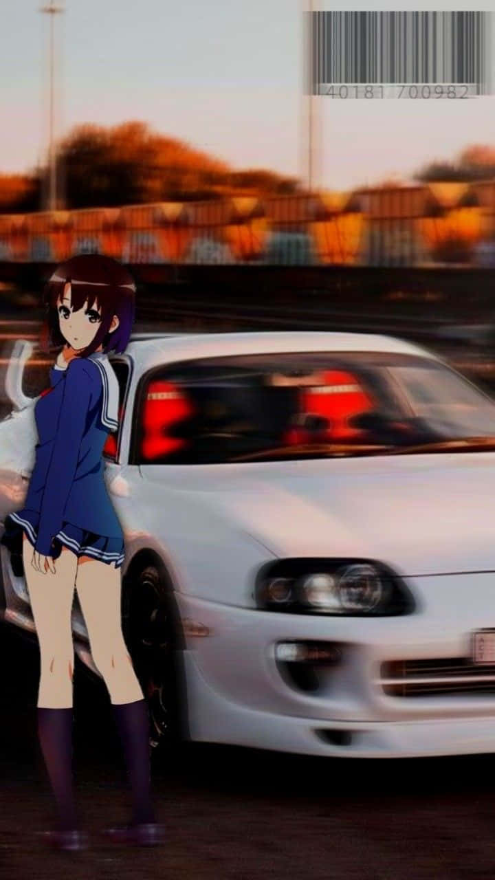 En pige står ved siden af en hvid bil Wallpaper