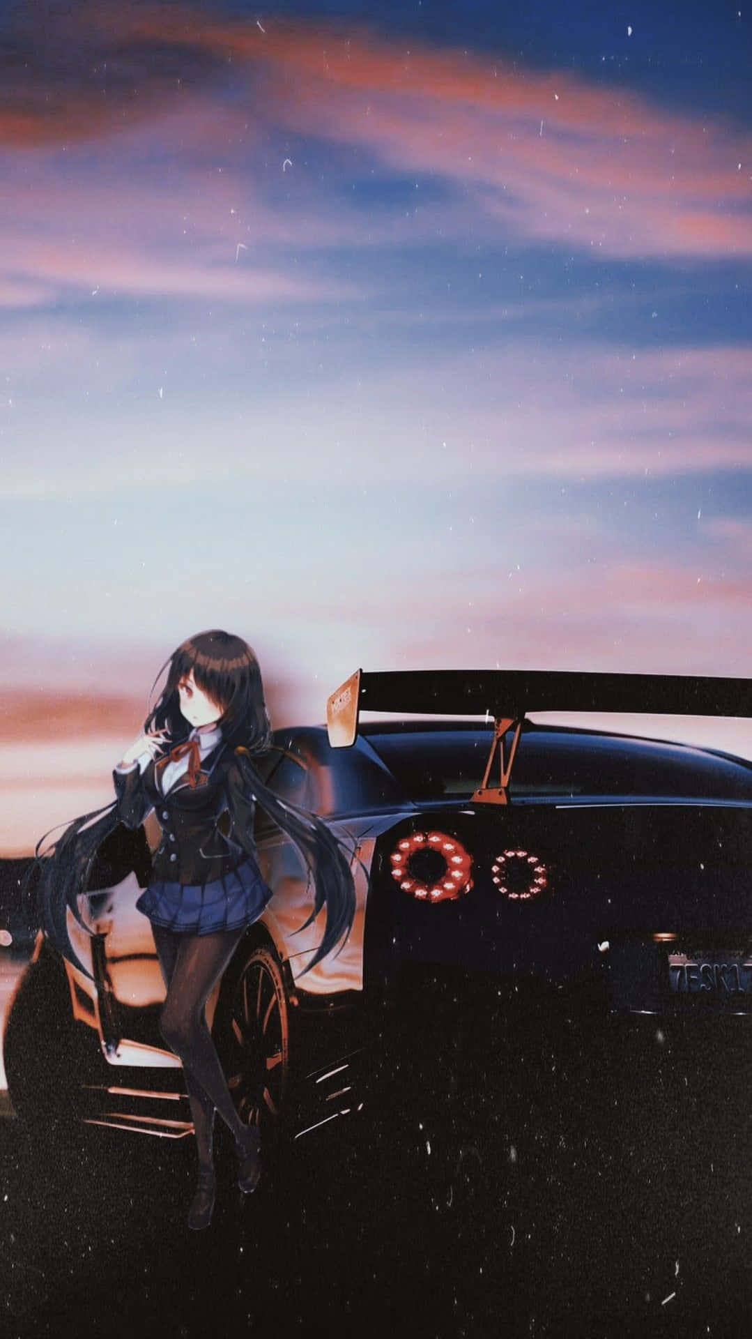 En pige står ved siden af en bil ved solnedgang Wallpaper