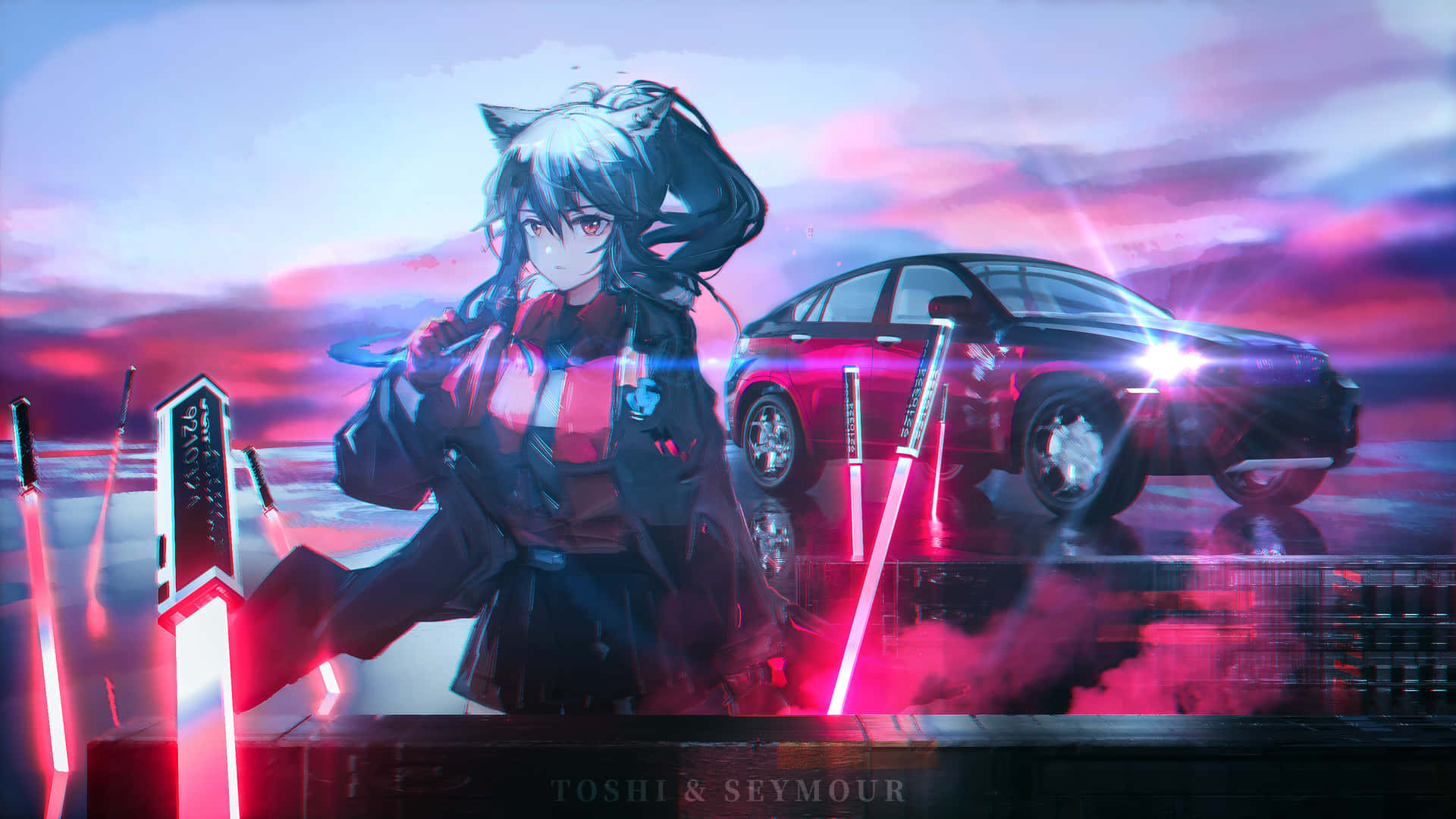 A Girl With A Car And Red Lights Wallpaper