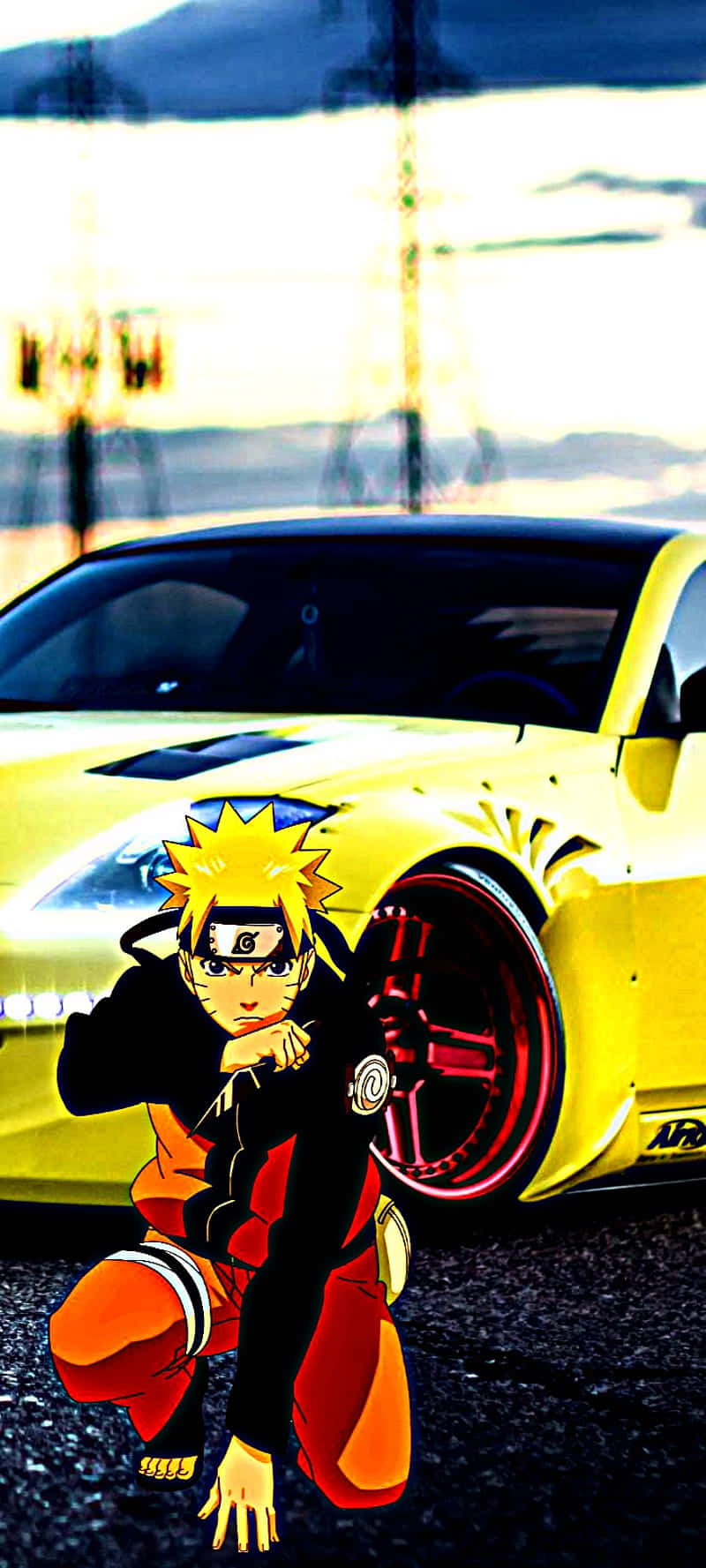 En gul bil med en Naruto-karakter på den. Wallpaper