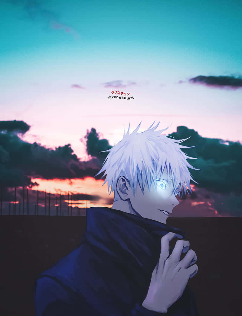 A Boy With White Hair Standing In Front Of A Sunset Wallpaper