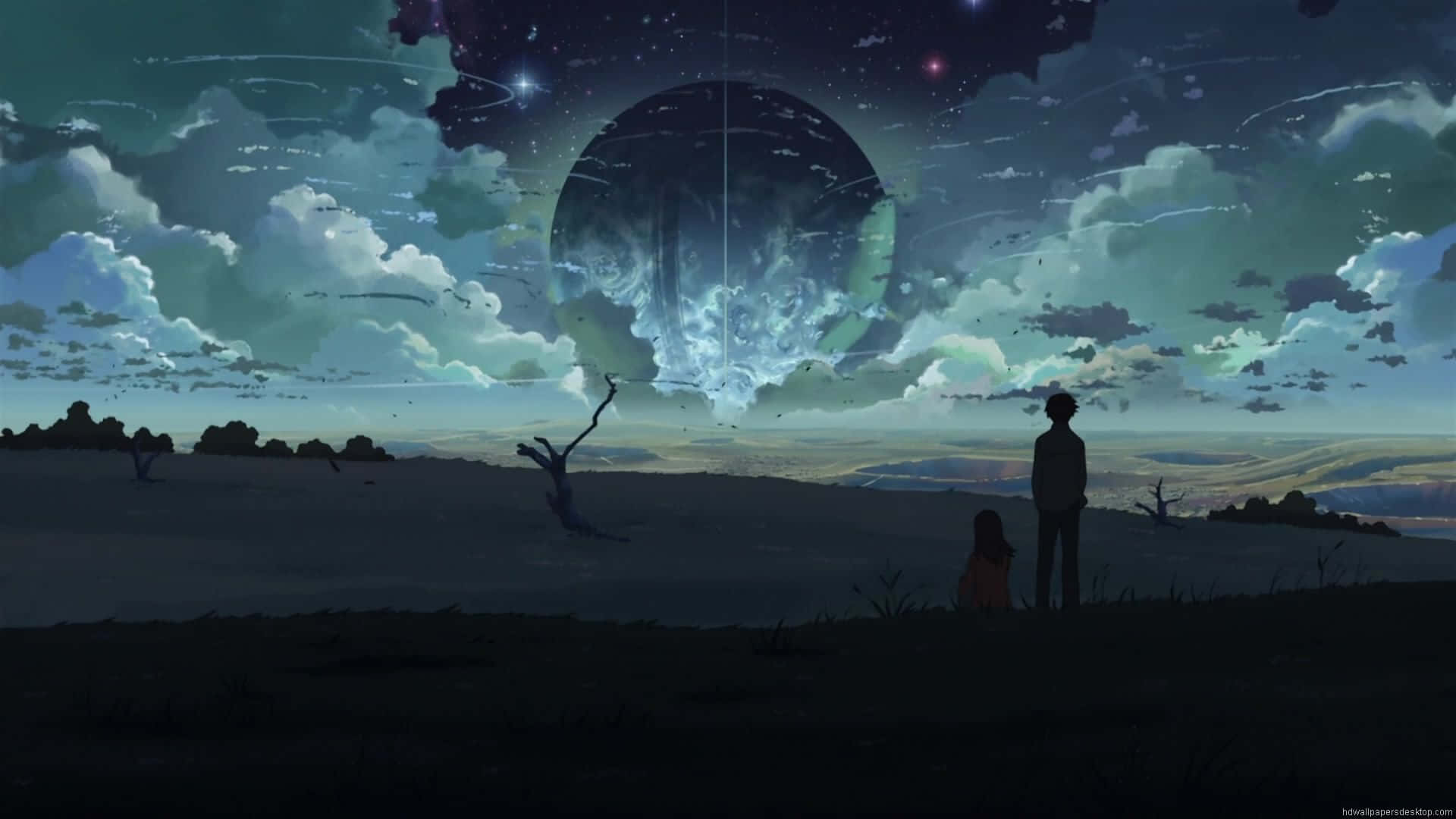 A Man And Woman Standing In A Field Looking At A Large Spaceship Wallpaper