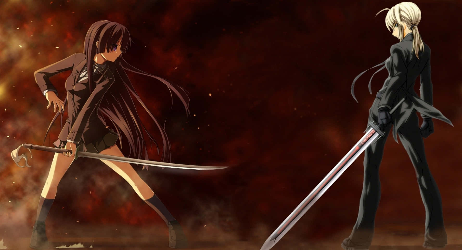 Two Anime Girls With Swords In Front Of A Fire