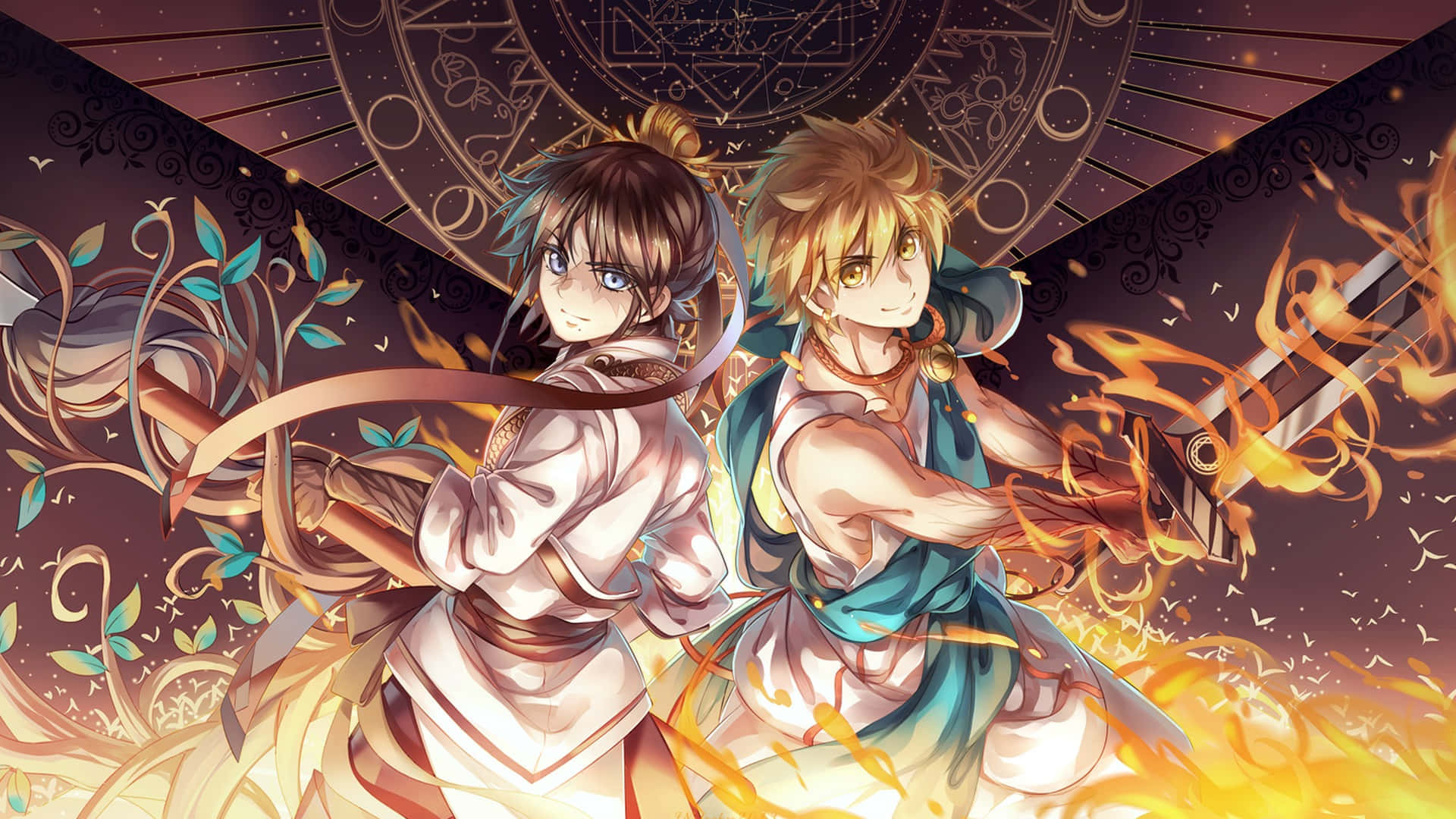 Two Anime Characters Standing In Front Of Fire