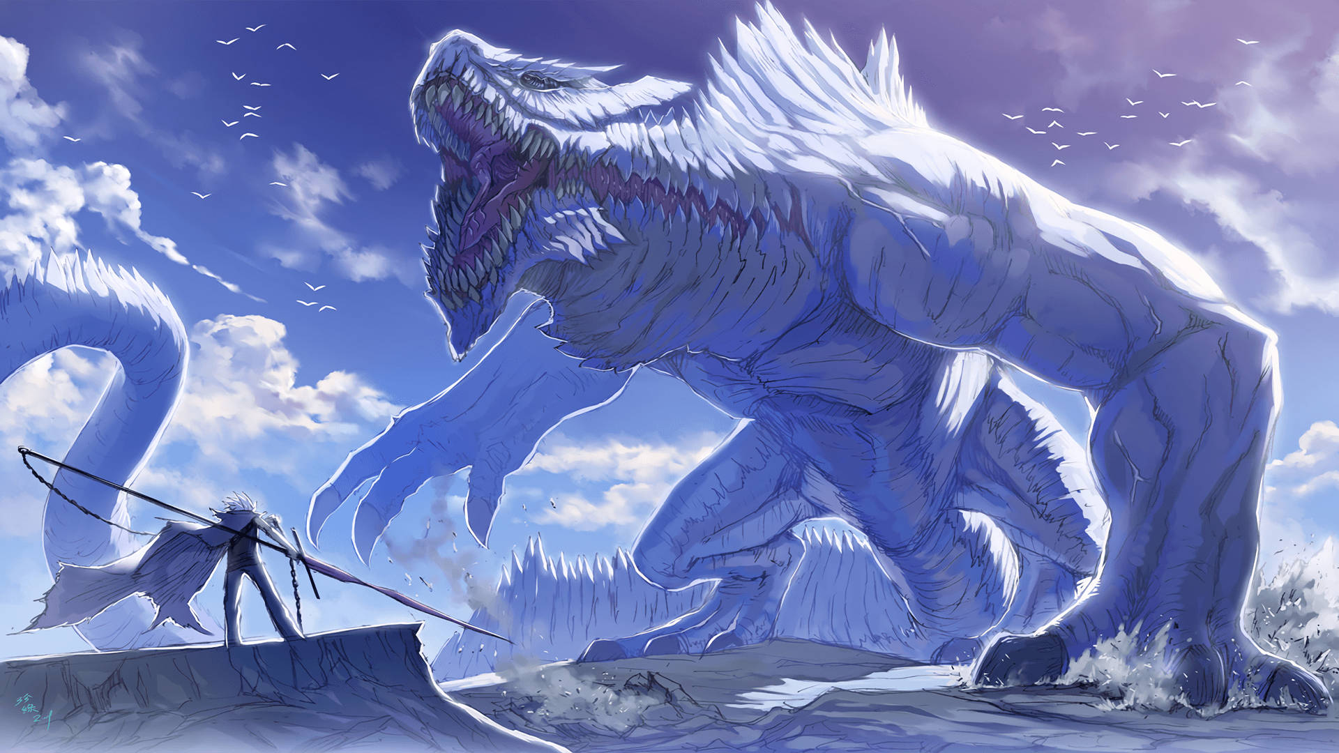 Anime Fight Swordsman And Ice Dragon Wallpaper