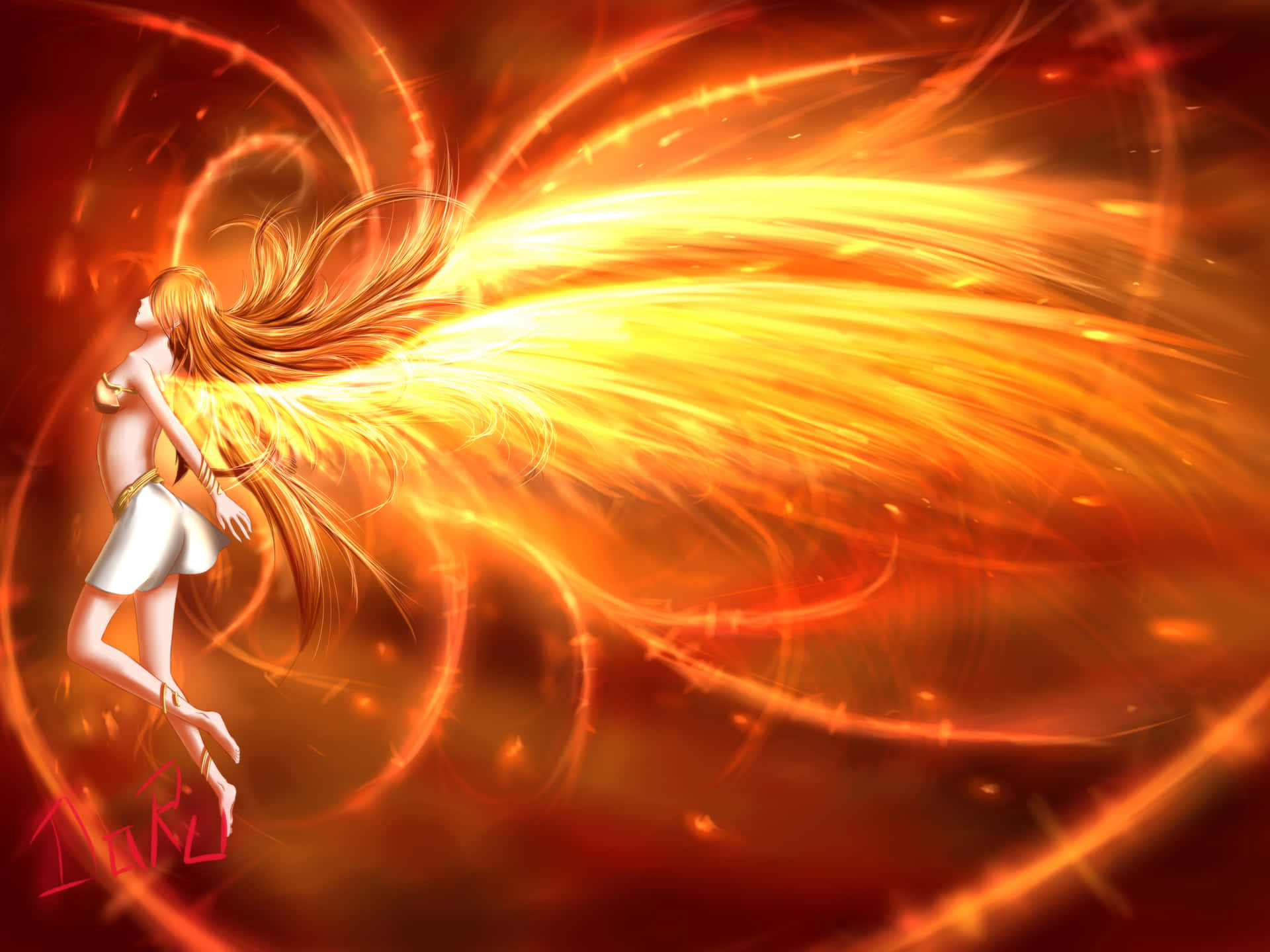 Anime Floating Girl Wings On Fire Wallpaper