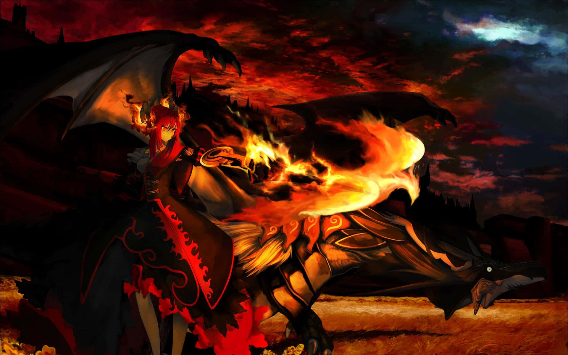 A surreal anime world of flames and soaring creatures Wallpaper