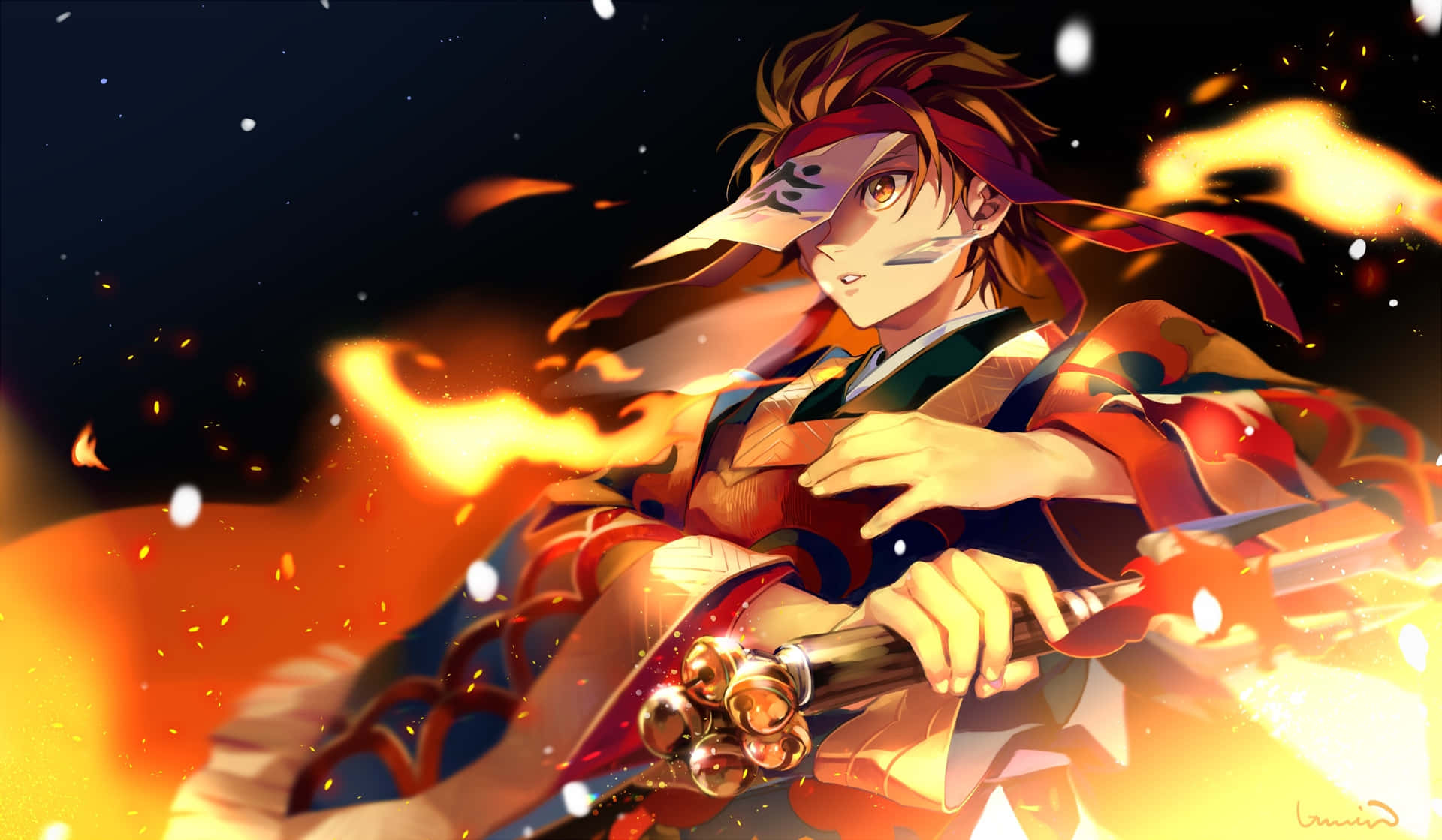 Anime Holding Sword With Fire Wallpaper