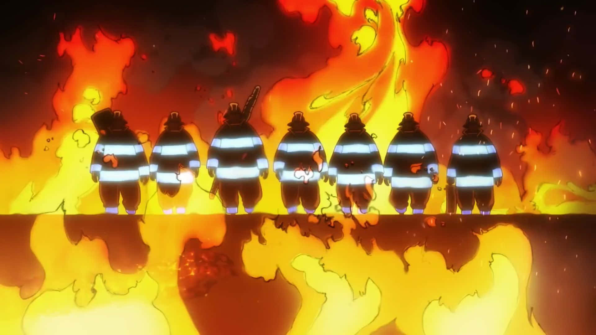 A Group Of Firemen Standing In Front Of A Fire Wallpaper