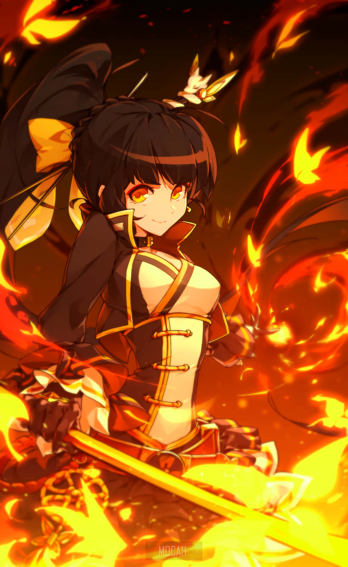 Anime Girl With Sword On Fire Wallpaper