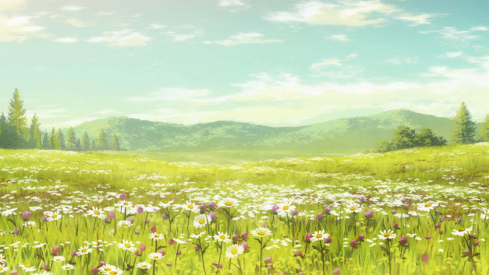 Beautiful fantasy landscape field full of spring with flowers field,  beautiful sky, anime style color, digital art painting background. 3D  illustration Stock Illustration | Adobe Stock