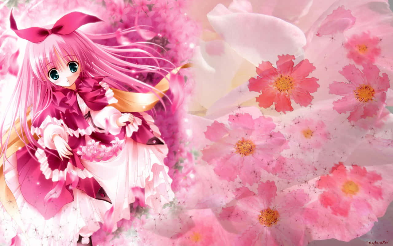 En Anime Prinsesse, der ser en smuk Blomst Blomstre Wallpaper