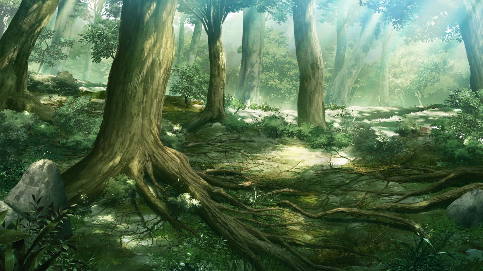 Udforsk den forheksende Anime Skov med denne livlige tapet. Wallpaper