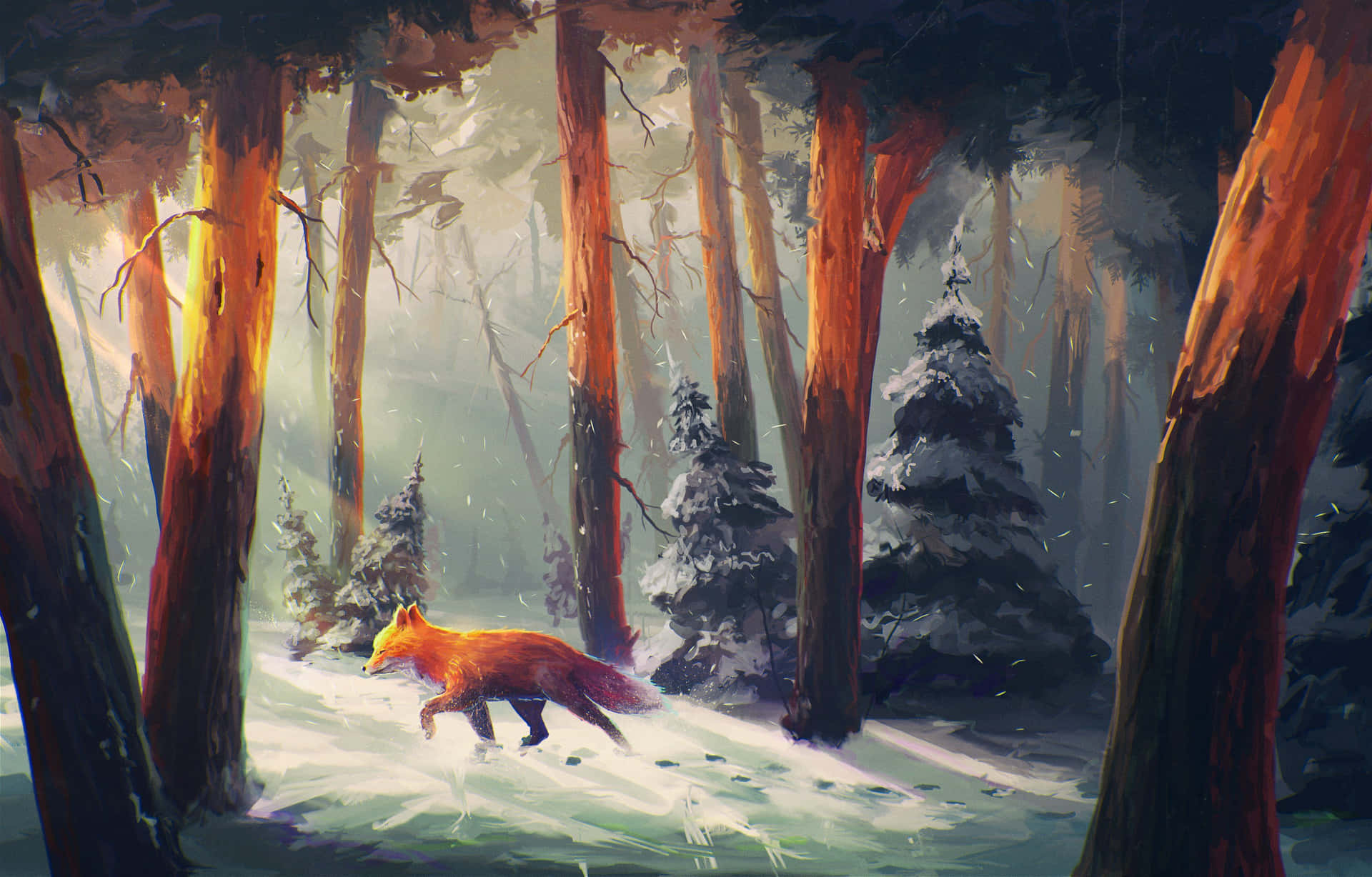 A Painting Of A Fox In The Snow Wallpaper