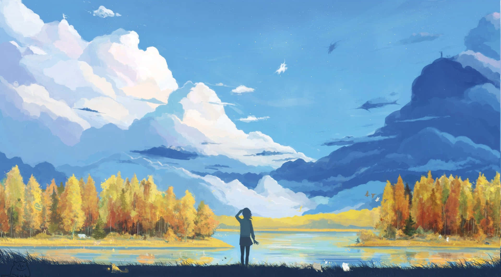 a painting of a person looking at the sky Wallpaper