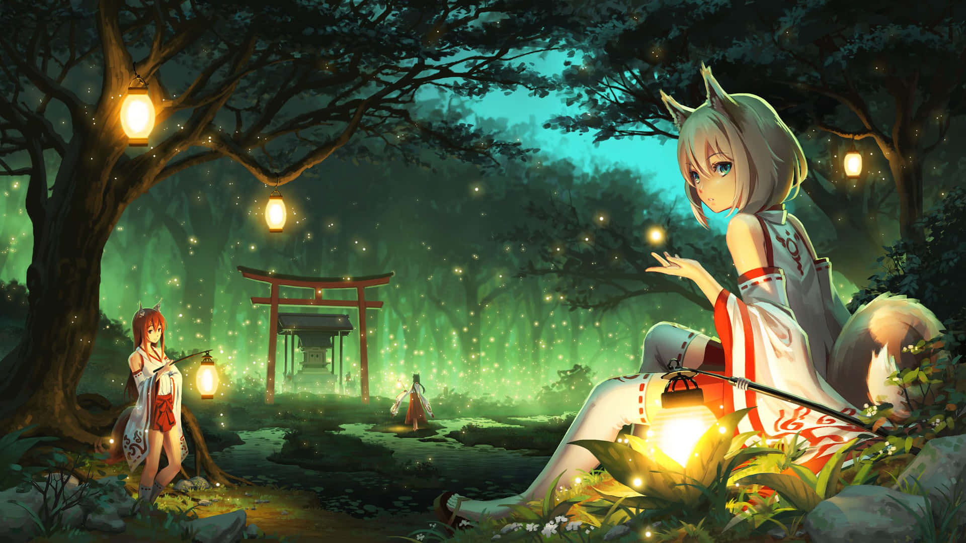 A Girl Sitting In The Woods With Lanterns