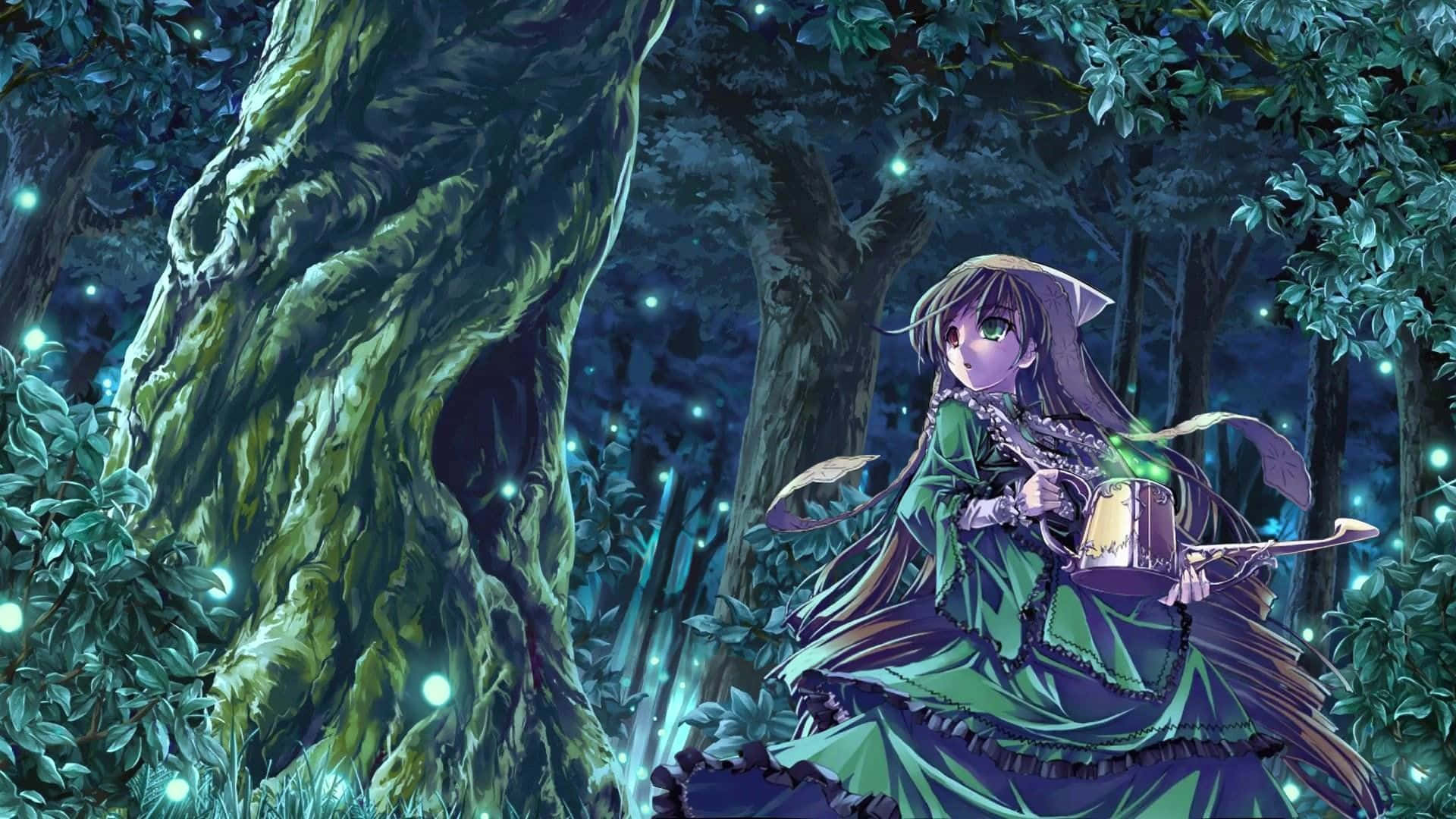 a girl in green dress is standing in the forest