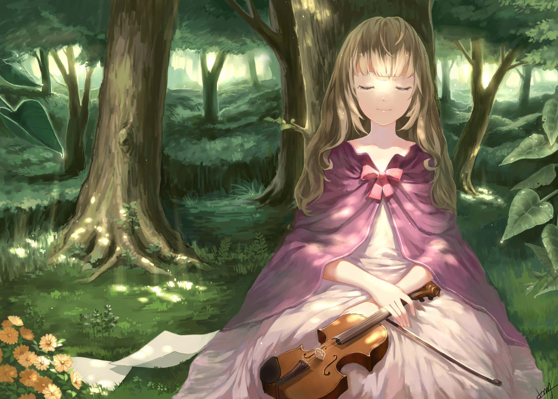 A Girl Sitting In The Woods With A Violin