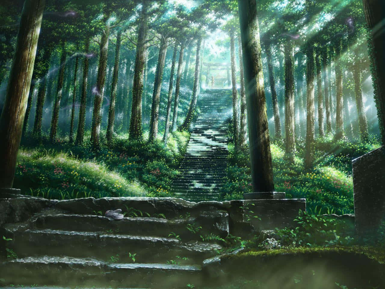 A Painting Of A Forest With Stairs Leading To A Path