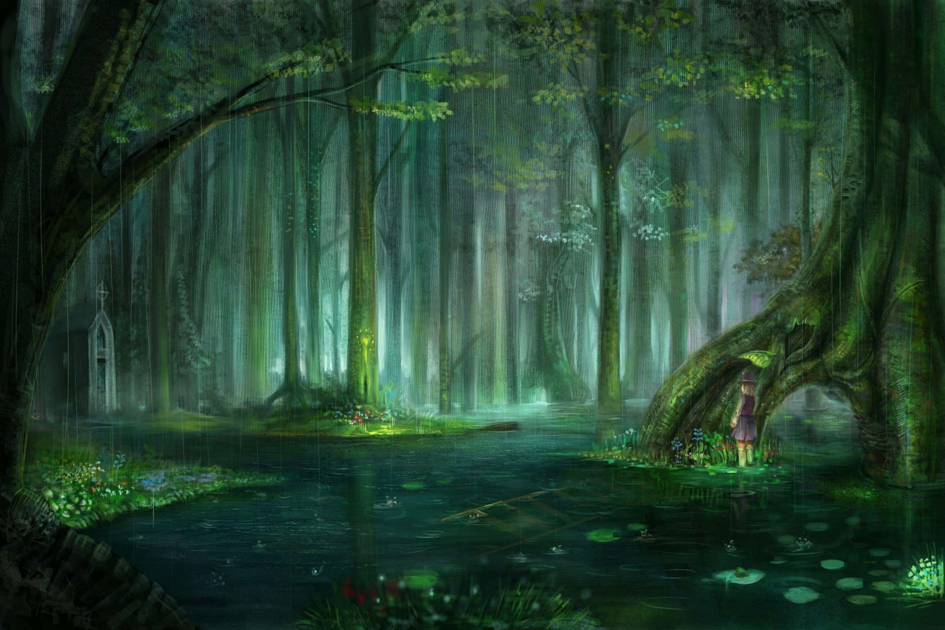 A Painting Of A Forest With A Person Standing In The Water