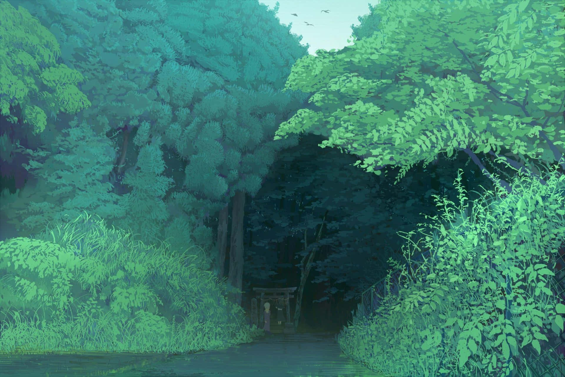Etmaleri Af En Skov Med En Sti Gennem Den