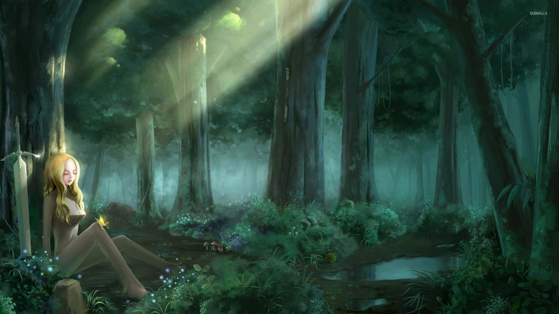 Nyd den magiske atmosfære i Naturen i denne Anime Forest. Wallpaper