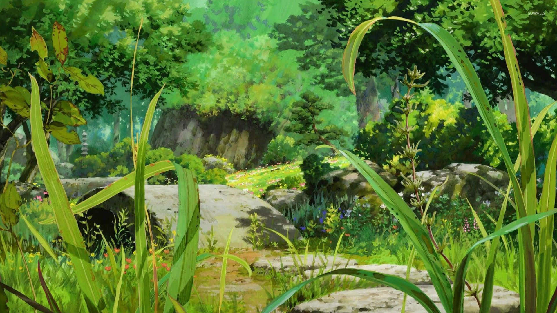 En idyllisk og rolig anime-skov. Wallpaper