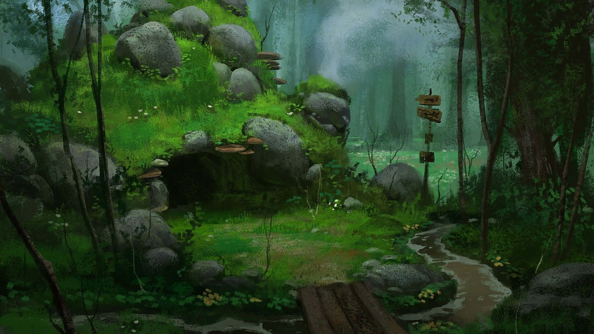 Gå tabt i skønheden af denne Anime-inspirerede skov. Wallpaper