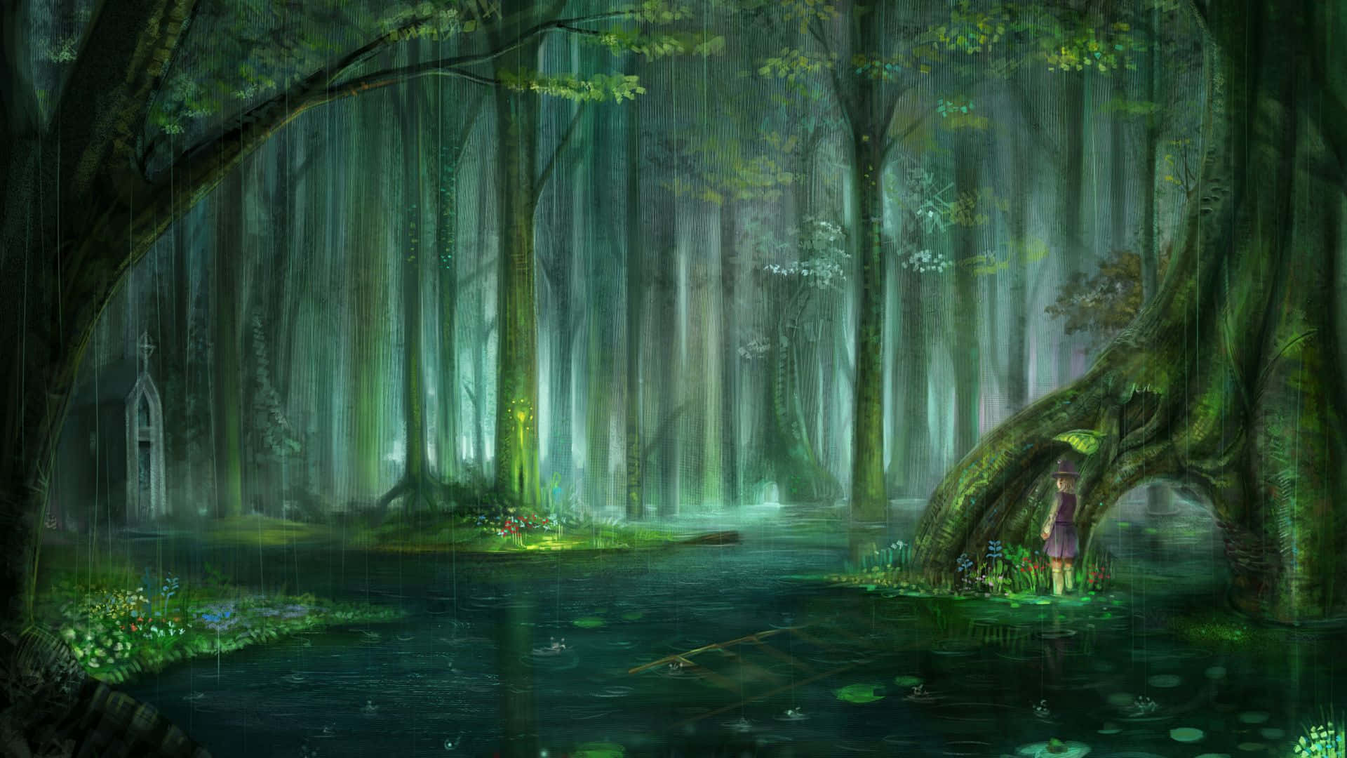 En fredfyldt flugt til Anime skoven Wallpaper