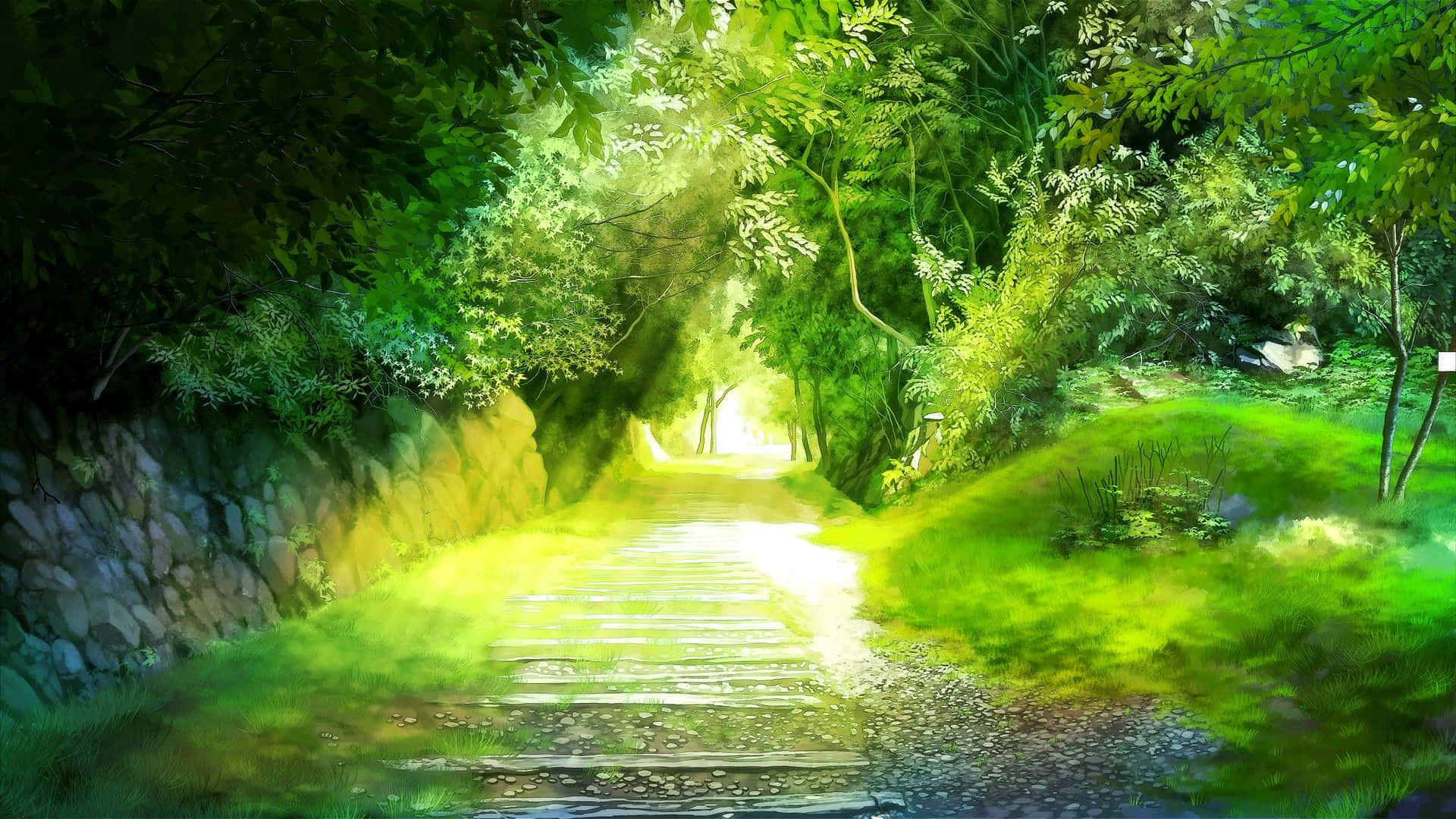 I midten af et surreal anime skov. Wallpaper
