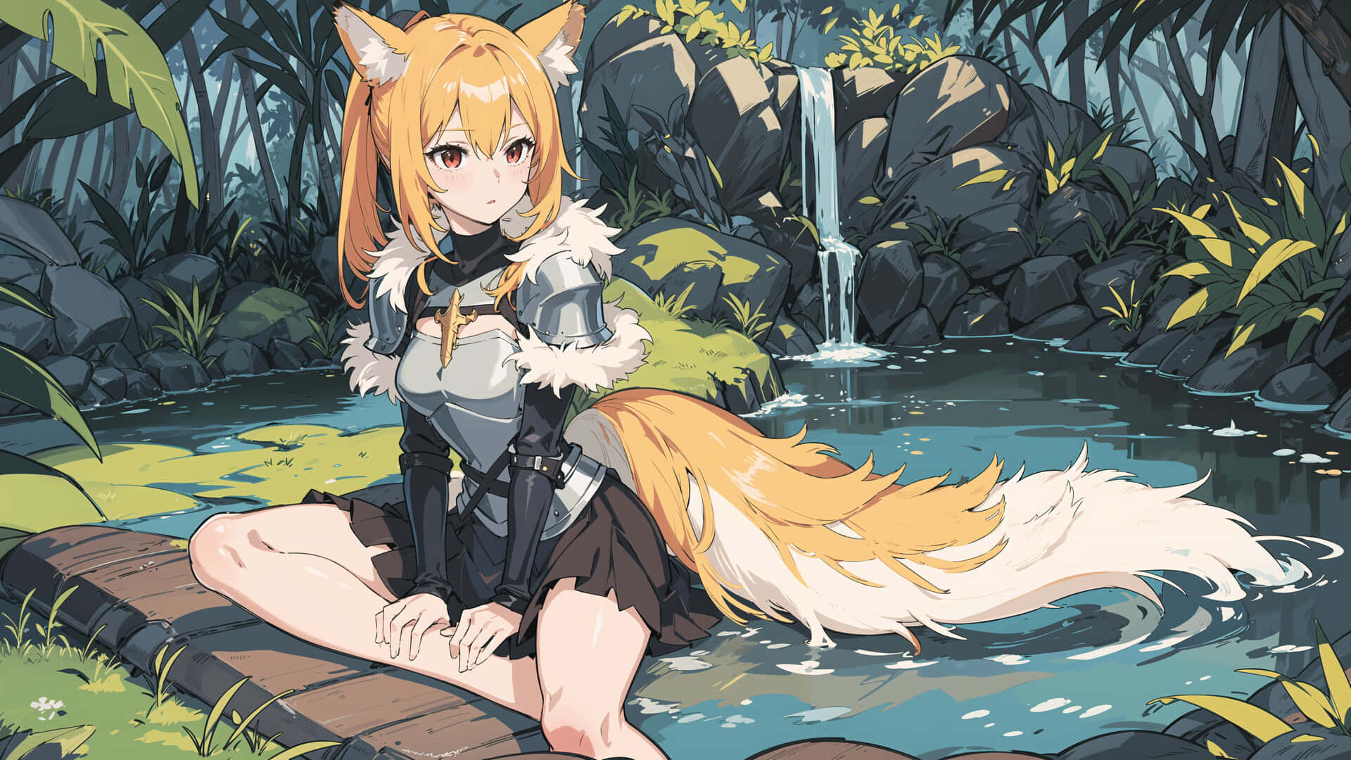 Anime Fox Girl Forest Waterfall Wallpaper