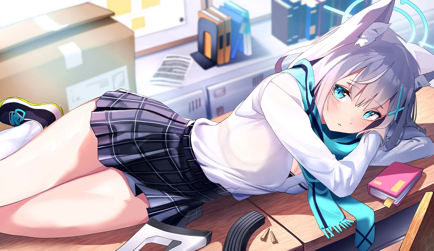 Anime Fox Girl Restingat Desk Wallpaper